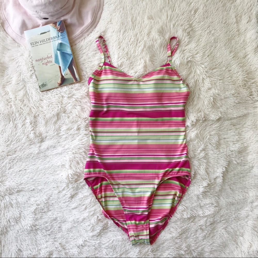 Christina one piece swimsuit pink, green striped preppy bathing suit Sz …